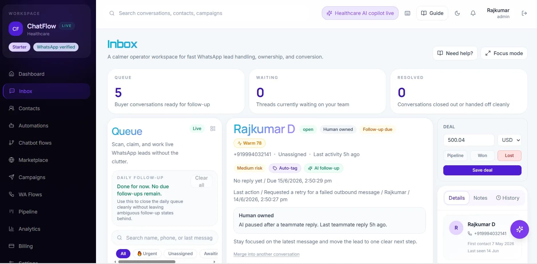 ChatFlow WhatsApp inbox — live lead queue, AI-handled conversations, and deal tracking
